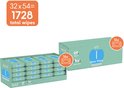 Voordeelverpakking van 32 pakjes Naïf Water Wipes, in totaal 1728 billendoekjes in een groene doos.