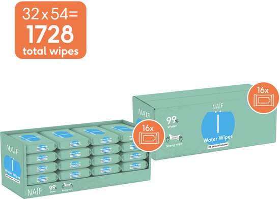 Voordeelverpakking van 32 pakjes Naïf Water Wipes, in totaal 1728 billendoekjes in een groene doos.