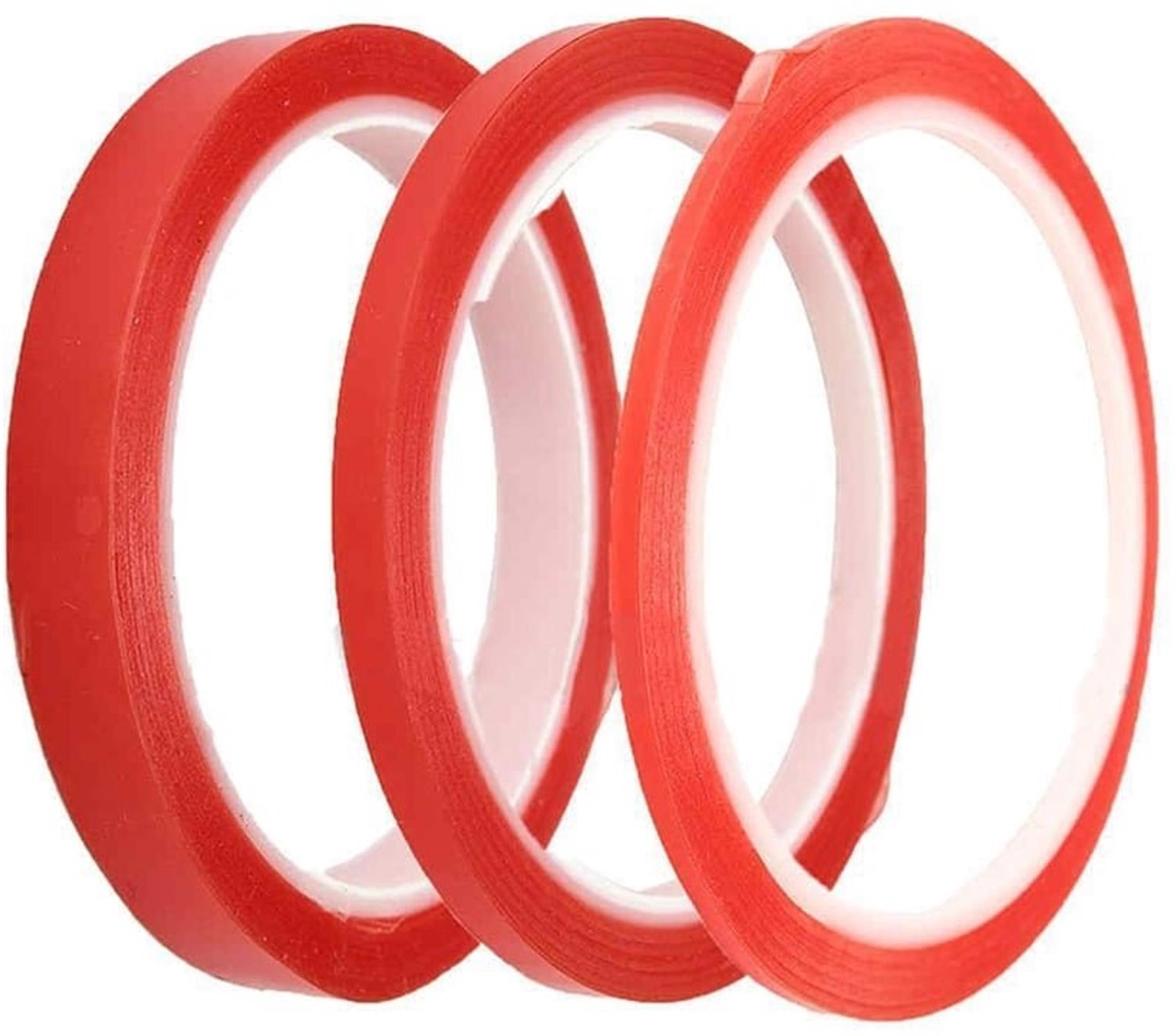 Dubbelzijdige, transparante acryltape met rode schutlaag voor nail-art-displays; sterk klevend, waterdicht, vochtbestendig, verwijderbaar en laat geen resten achter; verkrijgbaar in breedtes van 3 mm, 6 mm en 8 mm.
