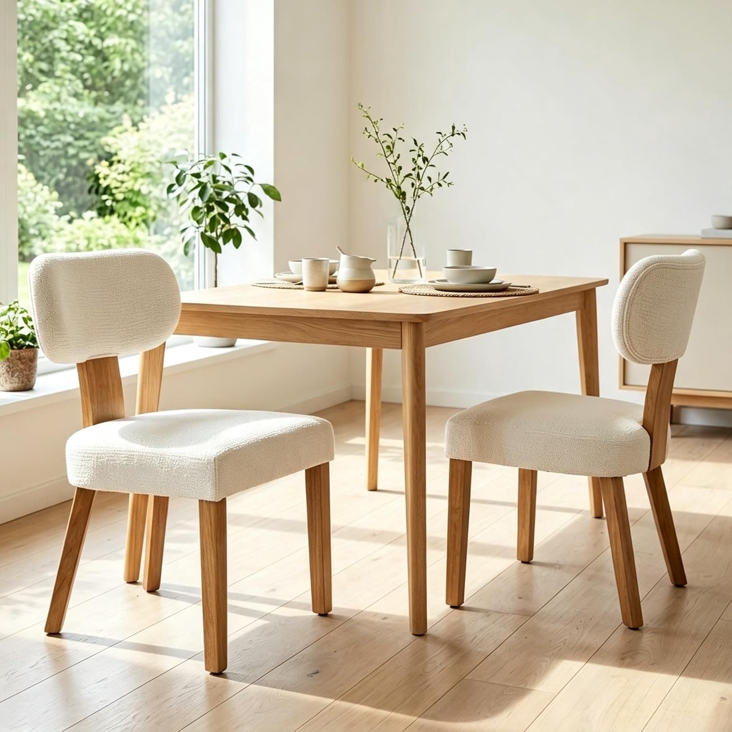 Nordic Comfort Eetkamerstoel – Set van 2 Beige Scandinavische Stoelen met Zachte Bekleding en Houten Poten