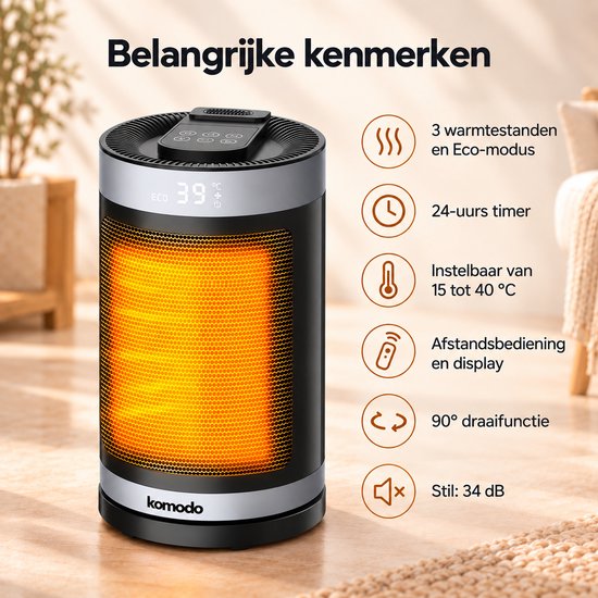 Zwarte keramische kachel met 3 warmtestanden, 24-uurs timer en instelbare temperatuur tot 40 graden.