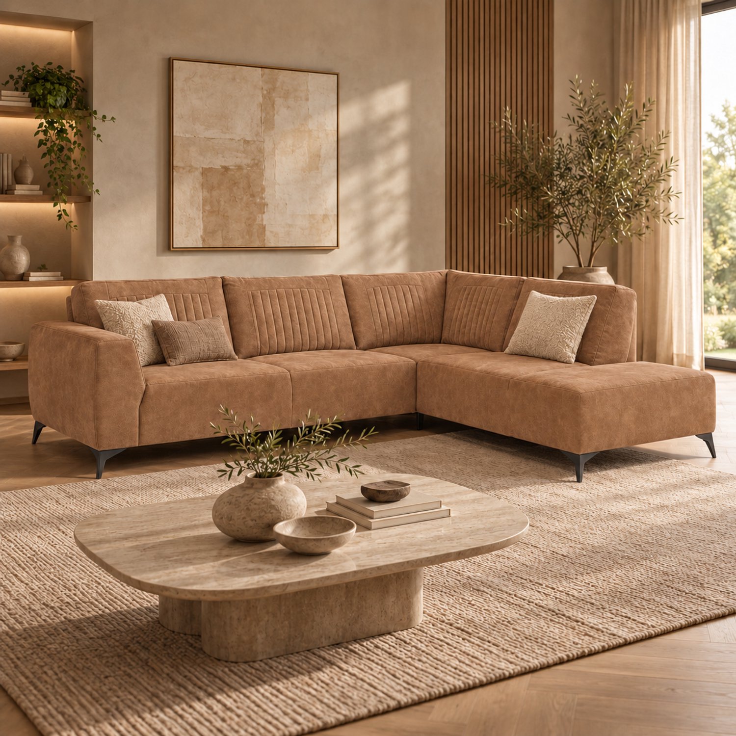 Hoekbank Jodi – Royale Loungebank in Bull Microleder – 4-Zits Hoekbank - Lounge rechts - Cognac