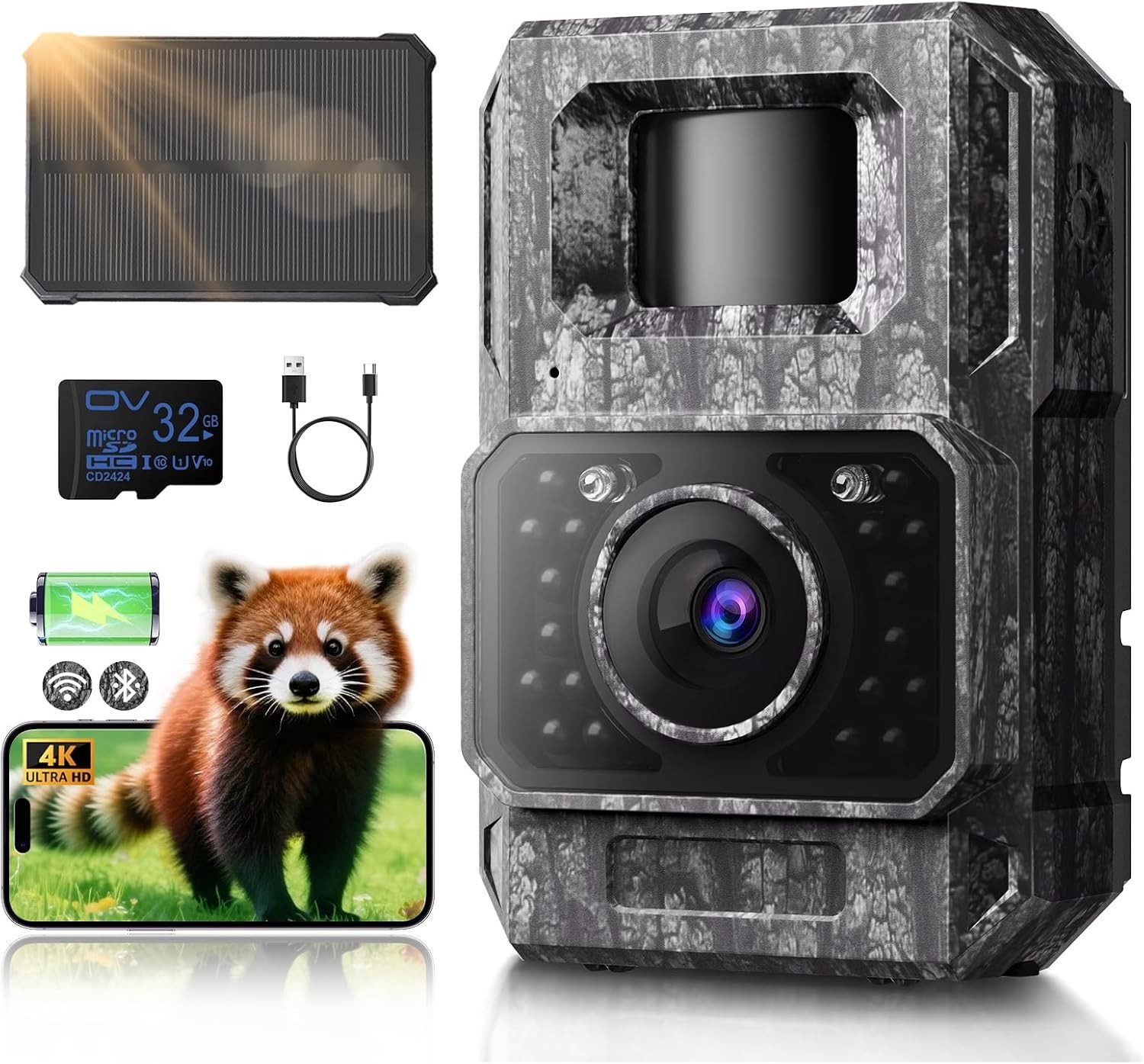 Wildcamera op Zonne-energie - Groen - 32 GB - 4K 64MP met Nachtzicht en Mobiele App - Voor Wildobservatie en Beveiliging