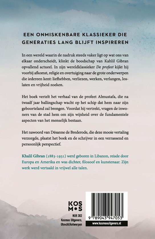 Achterkant van het boek De profeet met tekst over Kahlil Gibran, een streepjescode en het Kosmos logo.