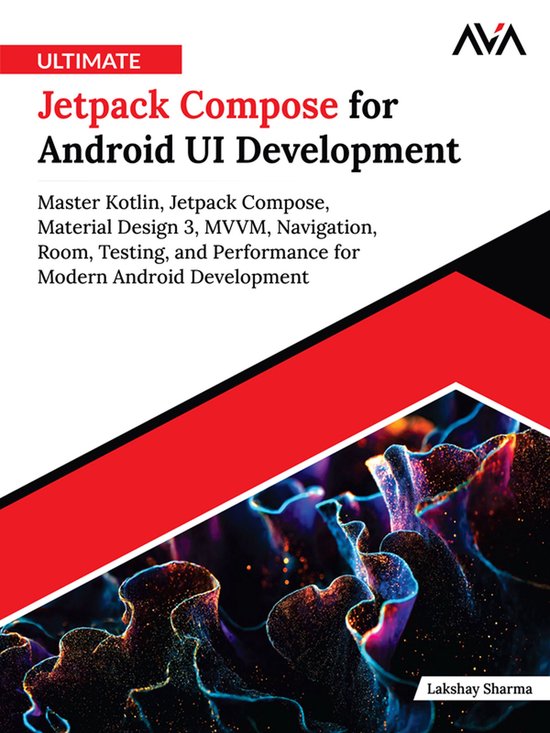 Boekomslag: Ultimate Jetpack Compose for Android UI Development door Lakshay Sharma met abstracte paarse en blauwe texturen.