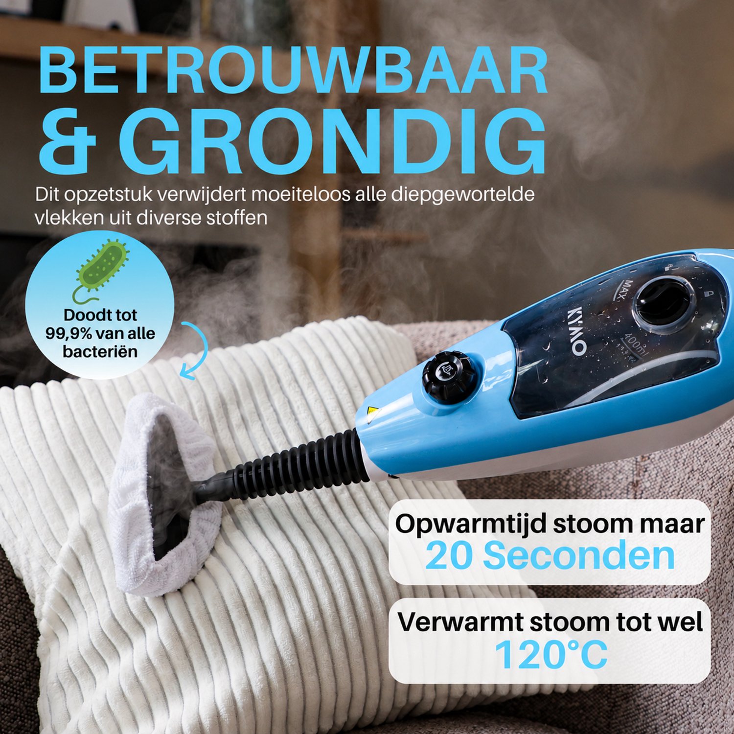 Kymo 9 in 1 Stoomreiniger en Handstomer - Stoommop - Stoomreiniger vloer - 2 microvezeldoeken - Handstoomreiniger - Stoomdweil - Vloerreiniger - Elektrische Dweil - Stoomapparaat Kleding - Vlekkenreiniger - Tapijtreiniger - Stoomreiniger Badkamer – foto 4
