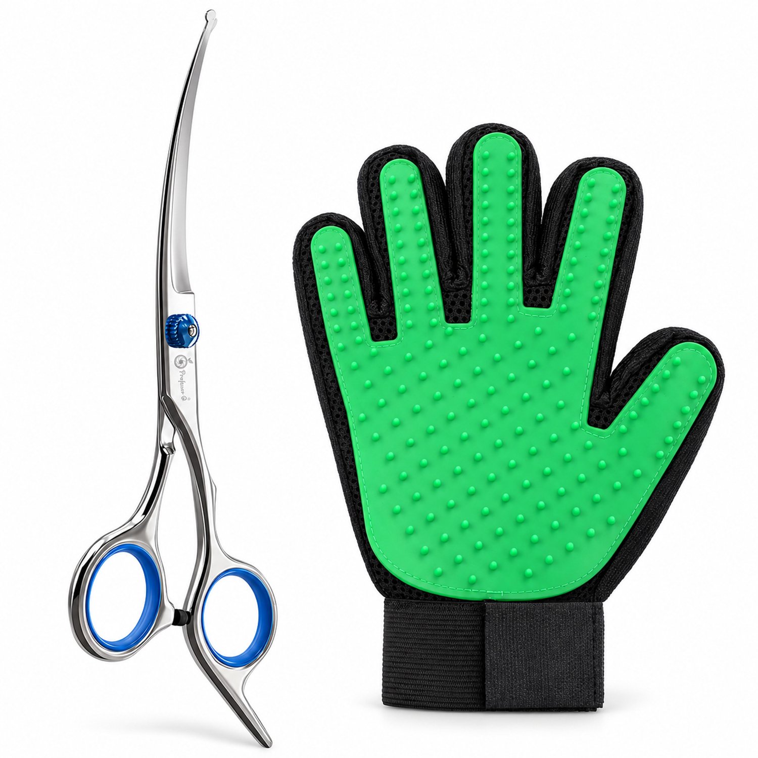 Professor Q Hondentrimset - Gebogen Trimschaar Rechts Blauw - Vachthandschoen Groen - 2-delig