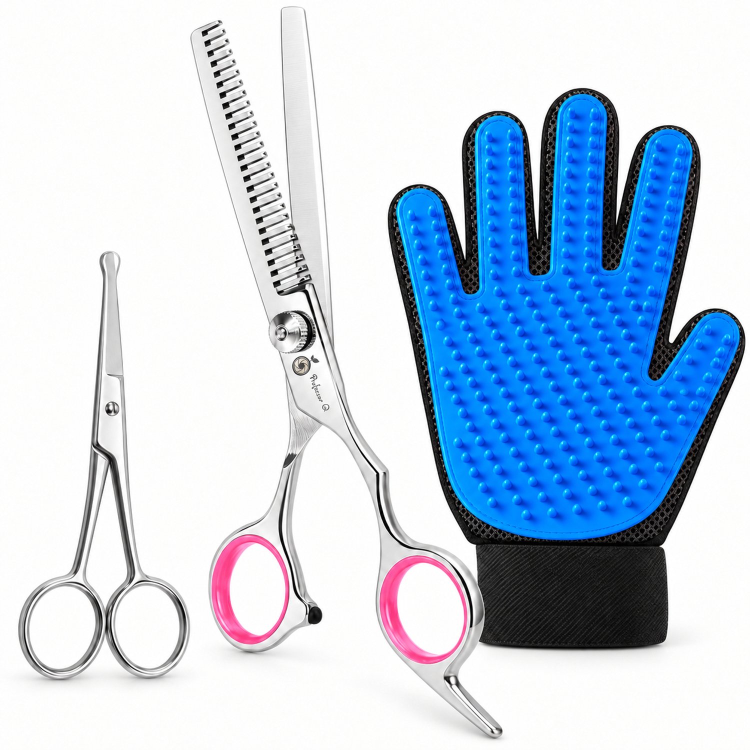 Professor Q Hondentrimset - Effileerschaar Roze - Potenschaar Zilver en Vachthandschoen Blauw - 3-delig