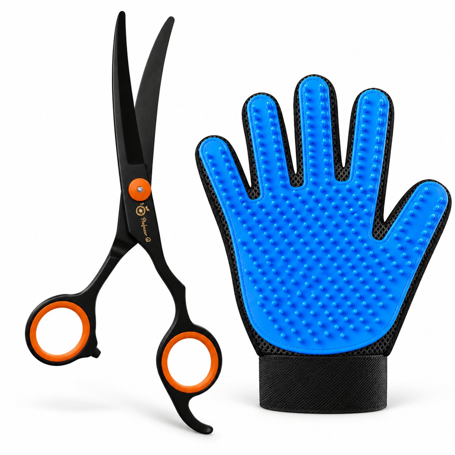 Professor Q Hondentrimset - Gebogen Trimschaar Zwart/Oranje - Vachthandschoen Blauw - 2-delig