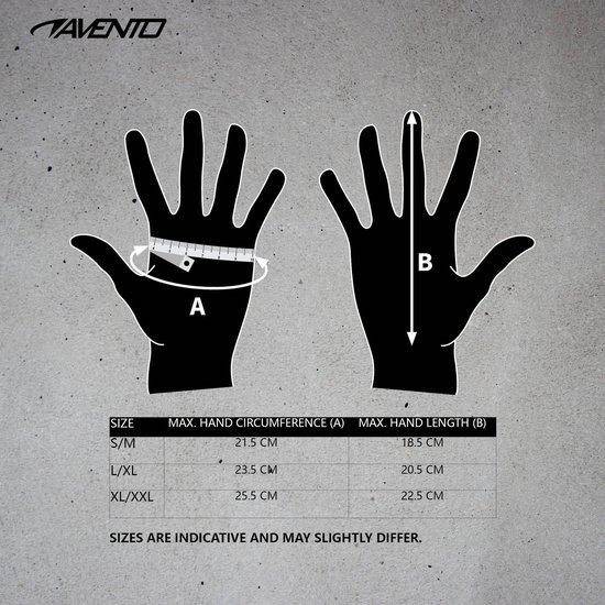 Maattabel voor Avento sporthandschoenen met instructies voor handomtrek en handlengte.