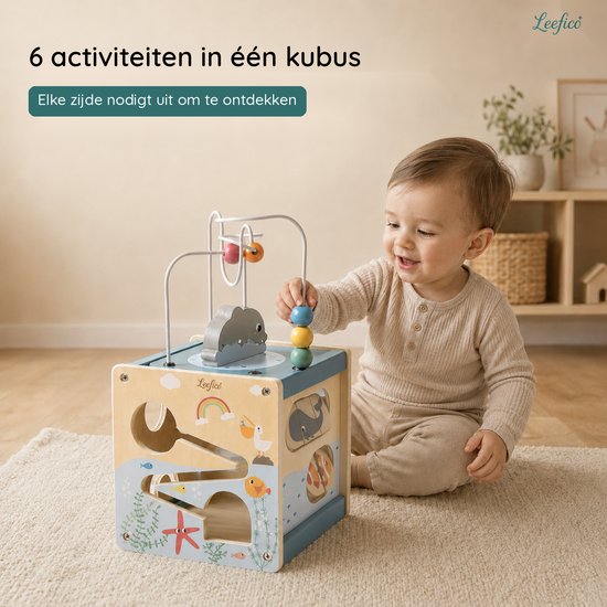 Leefico Houten Activiteiten Kubus - Montessori Speelgoed voor Baby - Sensorisch Educatief Kinderspeelgoed 1 jaar - Blauw van Leefico — afbeelding 4