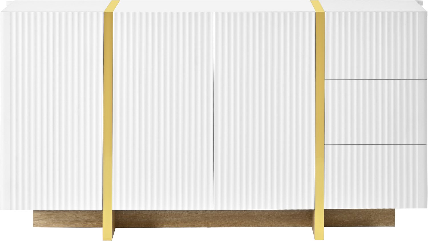 SONNENH Dressoir - Mat wit met verticale groeven en goudkleurige accenten - 3 deuren en 3 lades - 140 x 36 x 75 cm