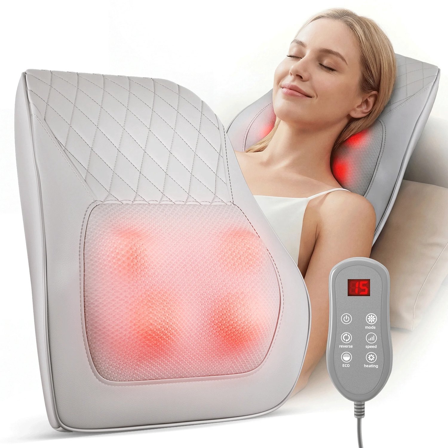 Tremeo Massagekussen Nek, Schouders en Rug - Massage Apparaat - Met Warmtefunctie - 3 Intensiteitsniveaus - Wit - 38x33 cm