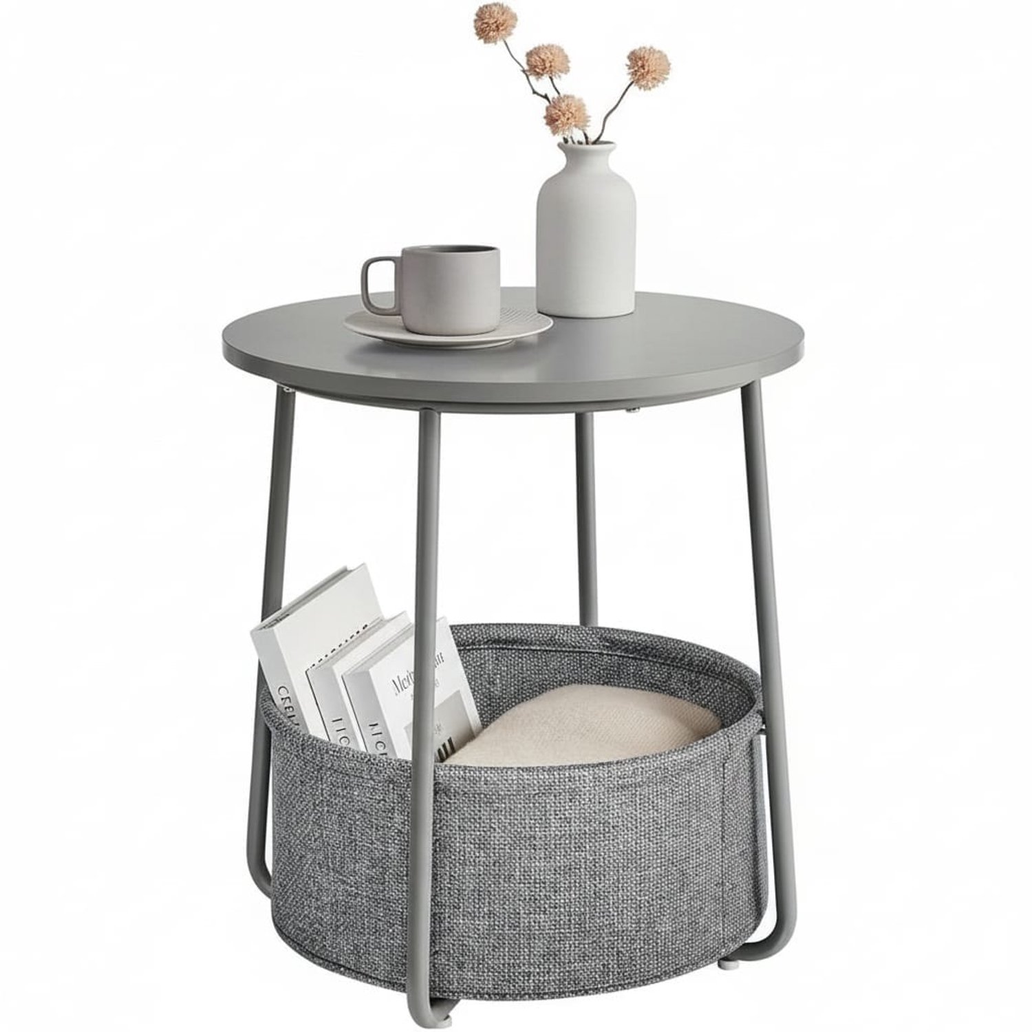 Klarven Bijzettafel met Opbergmand - Bijzettafeltjes Woonkamer - Bijzettafel Rond - Duifgrijs - Stoffen Mand - Stabiel en Snel Monteerbaar Duifgrijs-Leigrijs