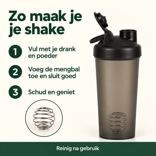 Shakerbeker 600 ml - Met RVS mengbal en maataanduiding - Zwart/grijs - 1 stuk