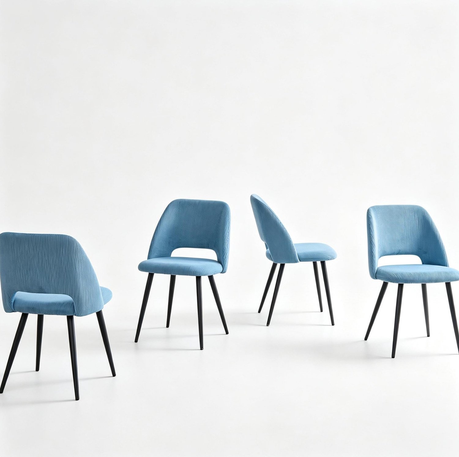 DESMIU Eetkamerstoel - Set Van 4 - 80,5 Cm - Gewatteerde Ribstof Met Zwarte Metalen Poten - Voor Eetkamer, Keuken En Woonkamer - Blauw