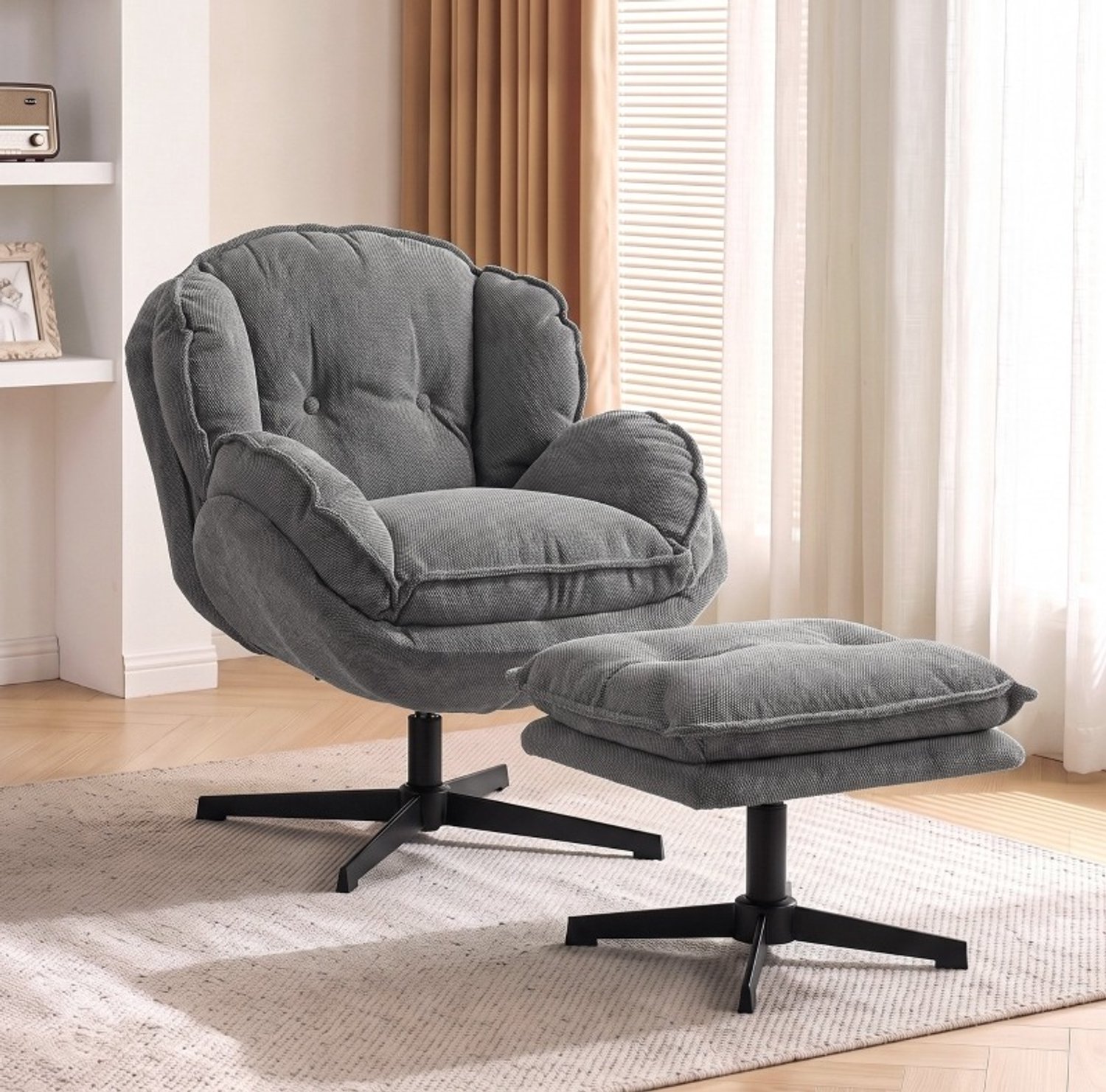 DESMIU Fauteuil Met Hocker 86 Bij 74 Bij 85 cm - 360 Graden Draaibaar Met Verstelbare Voetensteun - Woonkamer - Chenille Grijs
