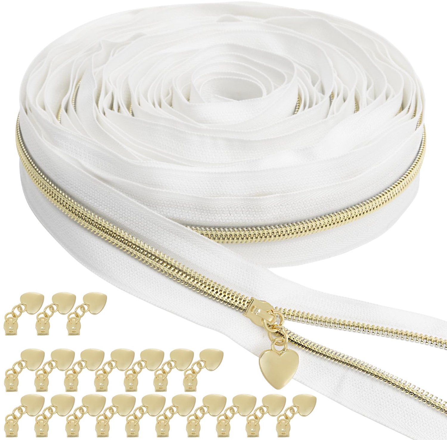 Ritssluiting #5 9 m - nylon 6 mm - 20 metalen schuivers goud/wit - ideaal voor naaiprojecten - Vemera