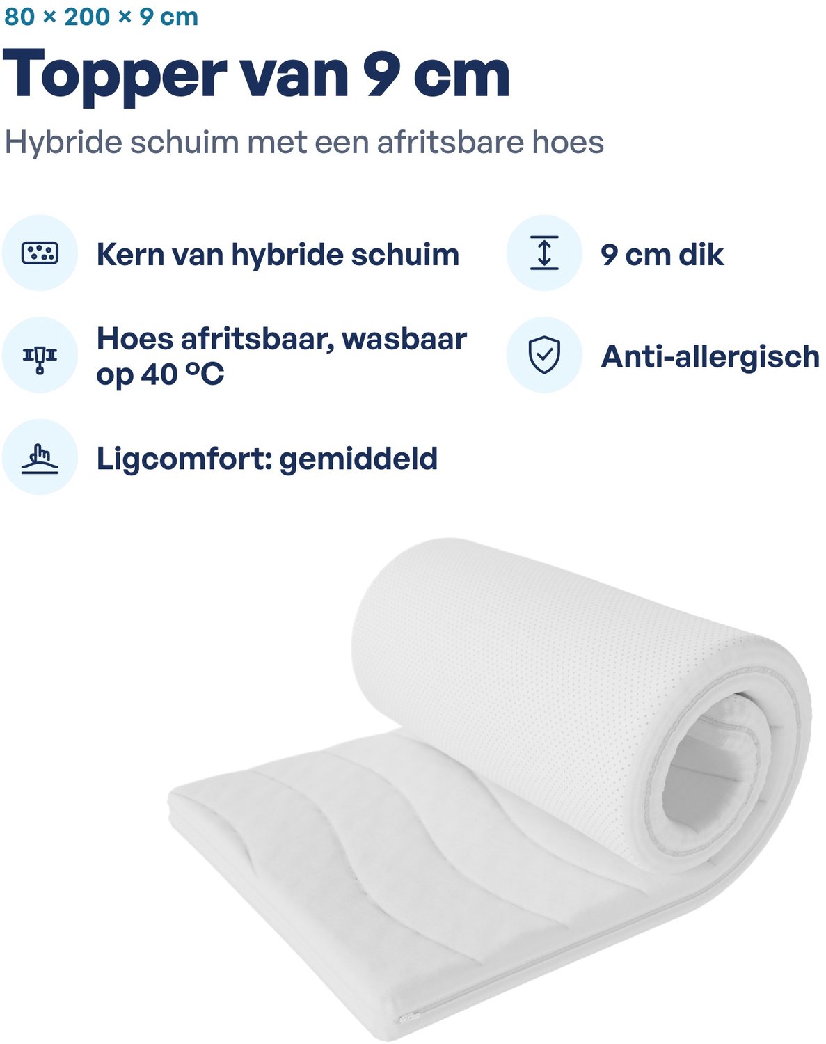 Toros Bedden Topdek - Matras - Topper Hybride Bamboo Deluxe XXL 80x200 9 cm dik wit