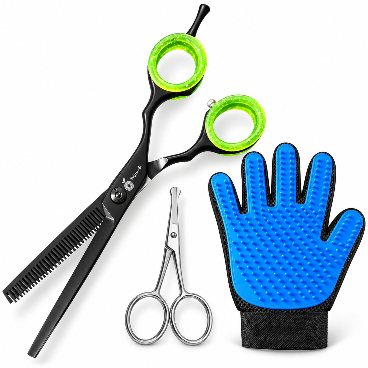 Professor Q Hondentrimset - Effileerschaar Zwart/Groen - Potenschaar Zilver en Vachthandschoen Blauw - 3-delig