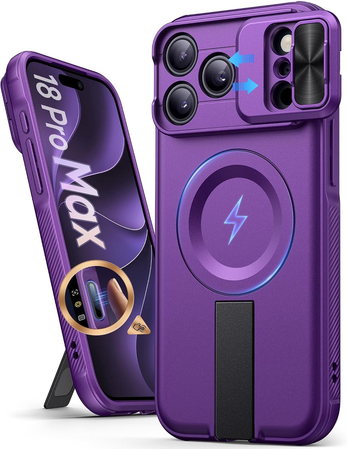 Zandarix Hoesje Geschikt voor Apple iPhone 18 Pro Max - Ingebouwde Standaard - Dubbele Schuifbare Camerabescherming - Camerabedieningsknop - Draadloos Opladen - Back Cover Hoesje - Paars