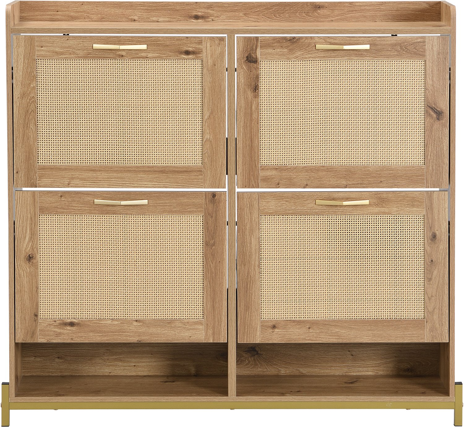 SONNENH Schoenenkast met 4 kantelkleppen en open vakken - Rotanlook - 108,5 x 24 x 100 cm