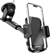 Zwarte Wegman telefoonhouder met zuignap, verstelbare arm en klem met 'Press Here'-tekst voor dashboard of raam.