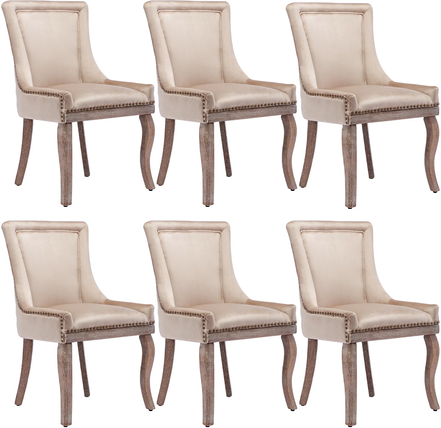 SONNENH Eetkamerstoelen set van 6 - Beige velvet - Houten poten - Hoge rug, siernagels en decoratieve ring