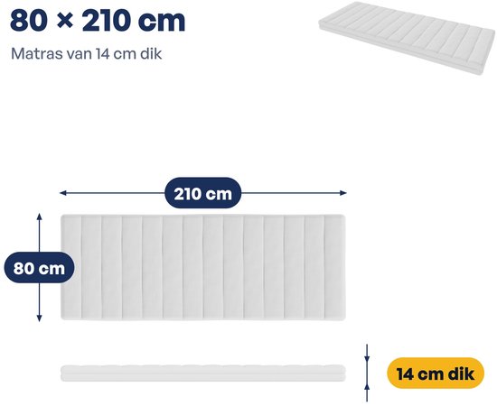 Maatschets van 80 x 210 cm matras met een dikte van 14 cm.