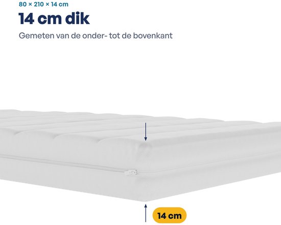 Matras van 14 cm dik, gemeten van onderkant tot bovenkant.