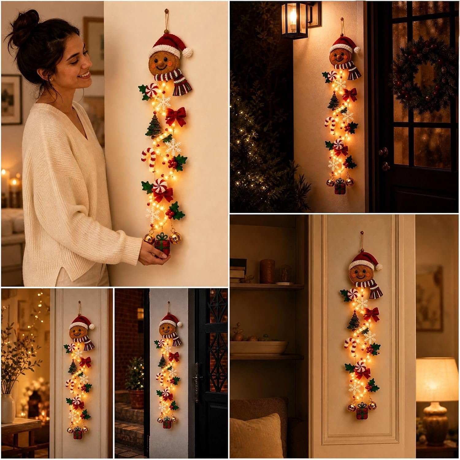 Verlichte Kerstdeurhanger - Gingerbread Man Peperkoekmannetje - Kerstdecoratie voor Deur, Muur & Raam - Verticale Kerstversiering - Rustieke Stoffen Decoratie - Feestelijke Kerstdecoratie voor Binnen – foto 2