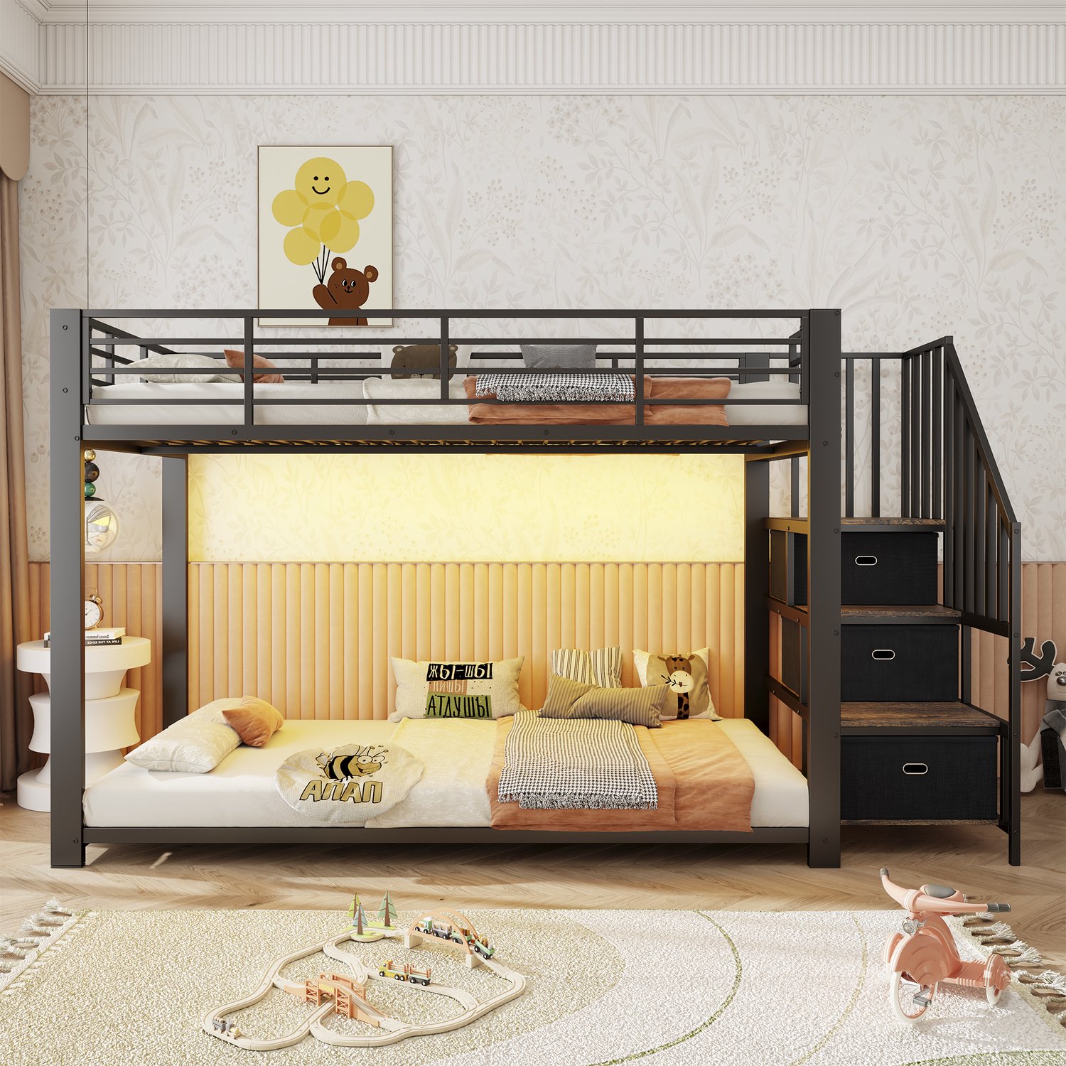 Clruro Stapelbed - 90×200 cm - met Opbergtrap - LED en Stopcontact - Metaal - Zwart