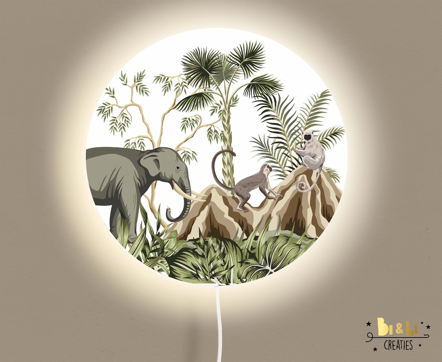 Wandlamp rond jungle monkey olifant-lamp-olifant-aapje-sfeerverlichting-kinderkamerdecoratie-woonaccessoires