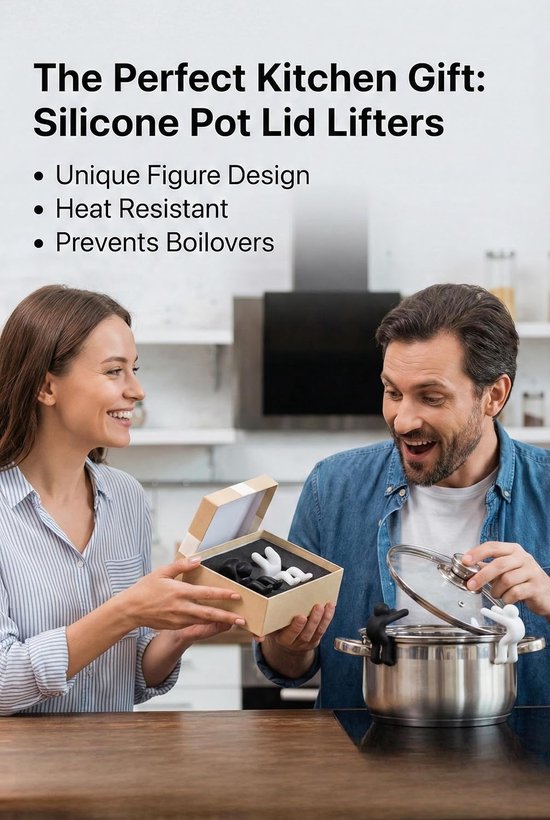 Een vrouw geeft een geschenkdoos met zwarte en witte figuur pan deksel lifters aan een verraste man.