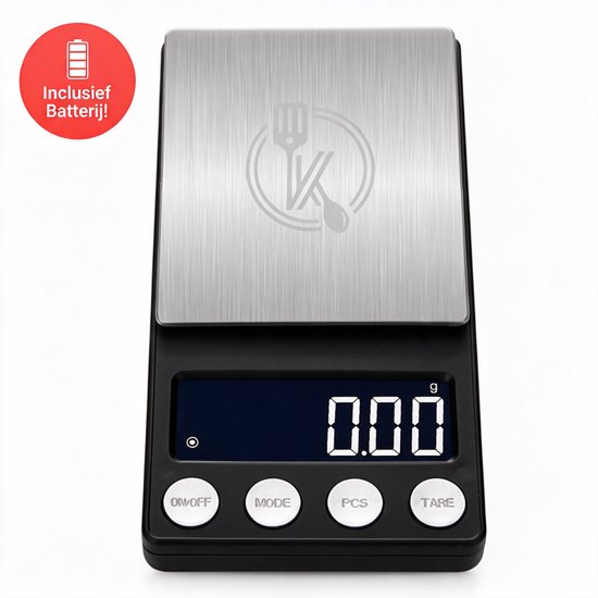 Kitchenwell digitale mini precisie keukenweegschaal - 0,01 tot 200 gram - 14.2 x 7.5 cm - pocket scale op batterij - weegschaal keuken