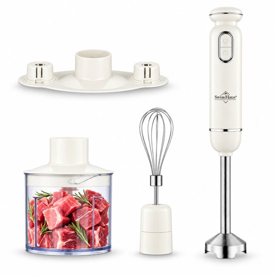 Swiss Haus® HBS20 Staafmixer Set 600W – Met Hakmolen 500ml & RVS Garde – Handblender met 20 Snelheden + Turbo Functie – Afneembare RVS Staaf – Creme