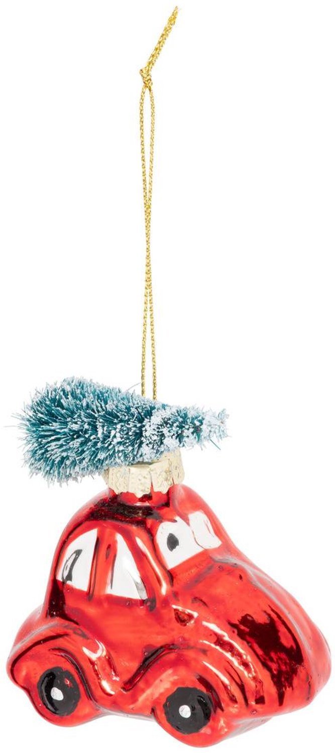 Figuurtje met auto en kerstboom H 7 cm, rood en groen glas