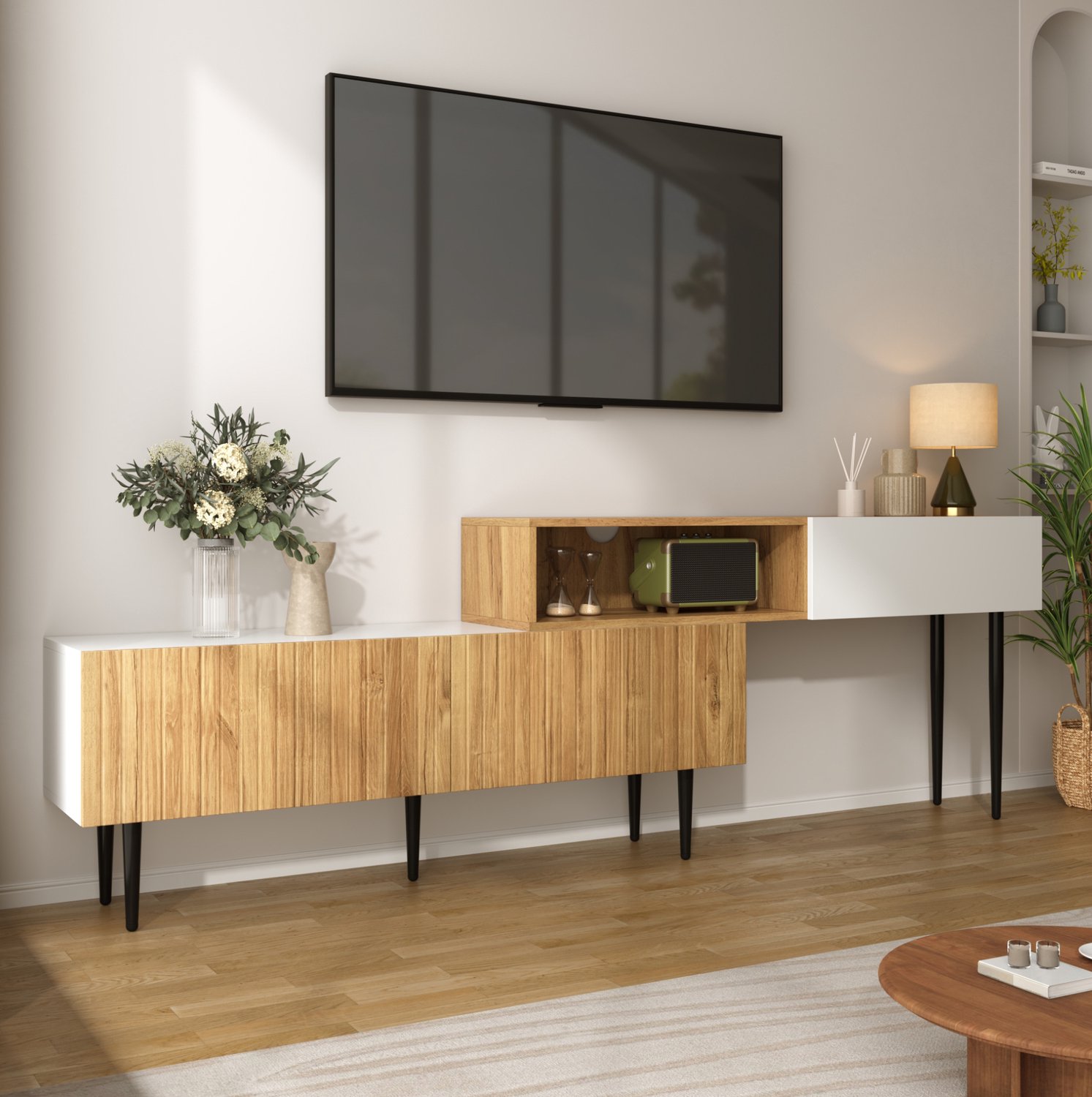 CHICFURN TV-meubel 120 cm - Verstelbaar - 2-delig - Wit en houtlook