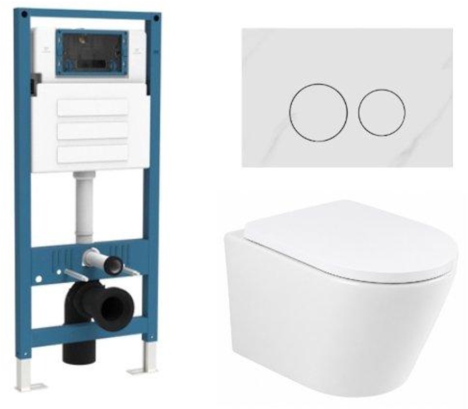 QeramiQ Dely Toiletset - inbouwreservoir Qeramiq Flush - 35mm zitting - natuursteen wit marmeren bedieningsplaat - ronde knoppen - mat wit