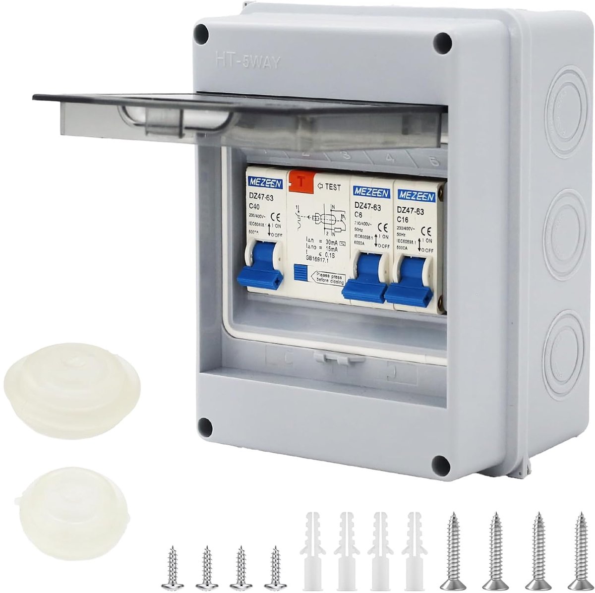 IP65 Surface Mounted Fuse Box, 2-way, 40A, 30 mA, RCD, 2 MCB (1P6 A + 1P16 A) for Caravans, Garages and Workshops - ShopVlot