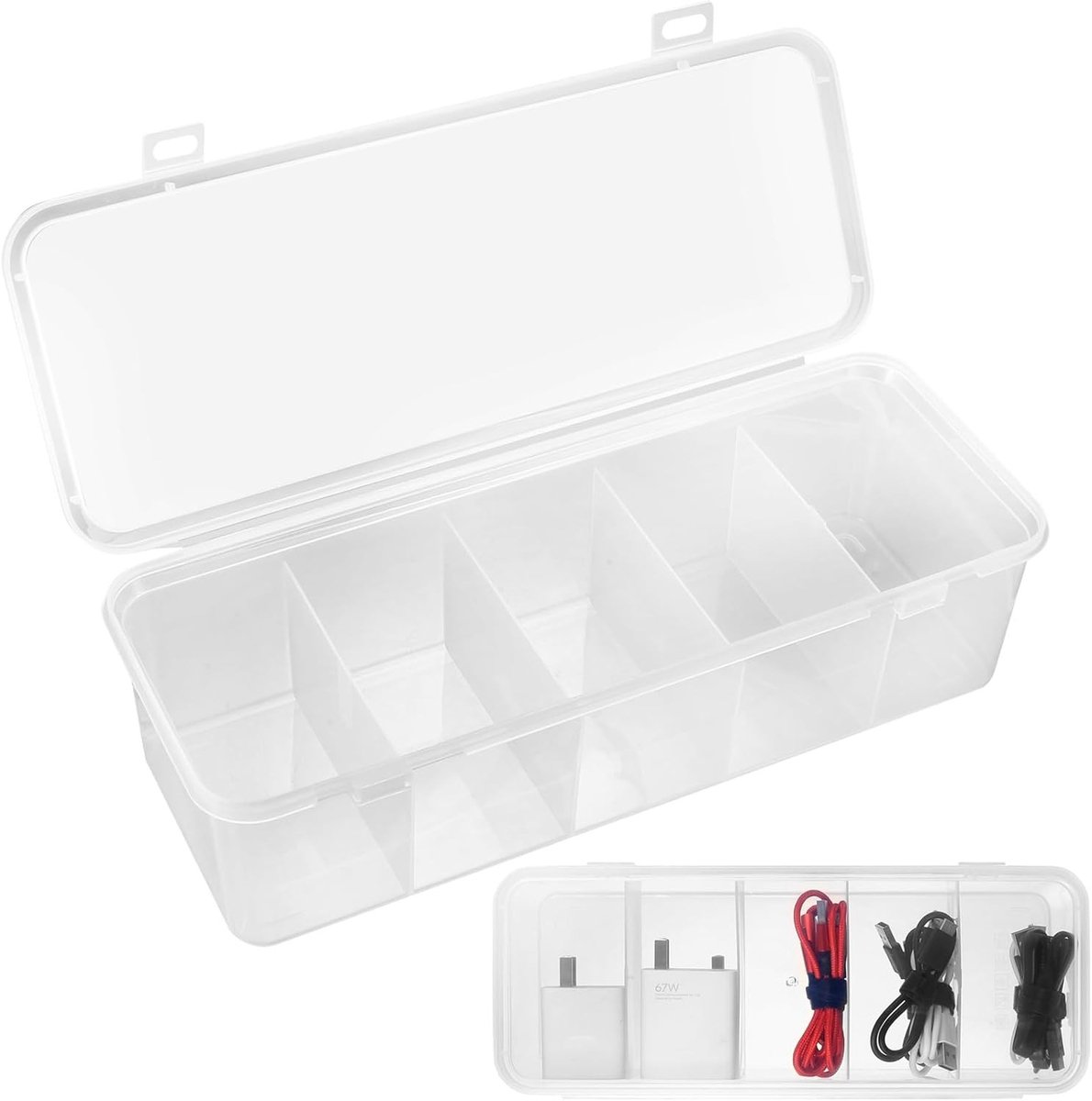 Cable Management Dozen met 5 Compartimenten, Transparante Oplossing voor Kabelopslag, Ideaal voor Bureau en Opruimen van Oplaadkabels en Snoeren