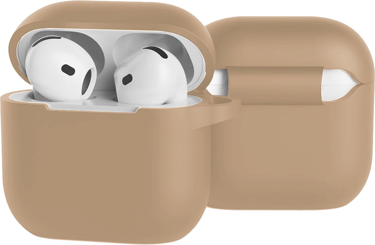 Case - Geschikt voor Apple AirPods 5 - Siliconen Hoes met Clip - Silicone Hoesje Cover - Zand