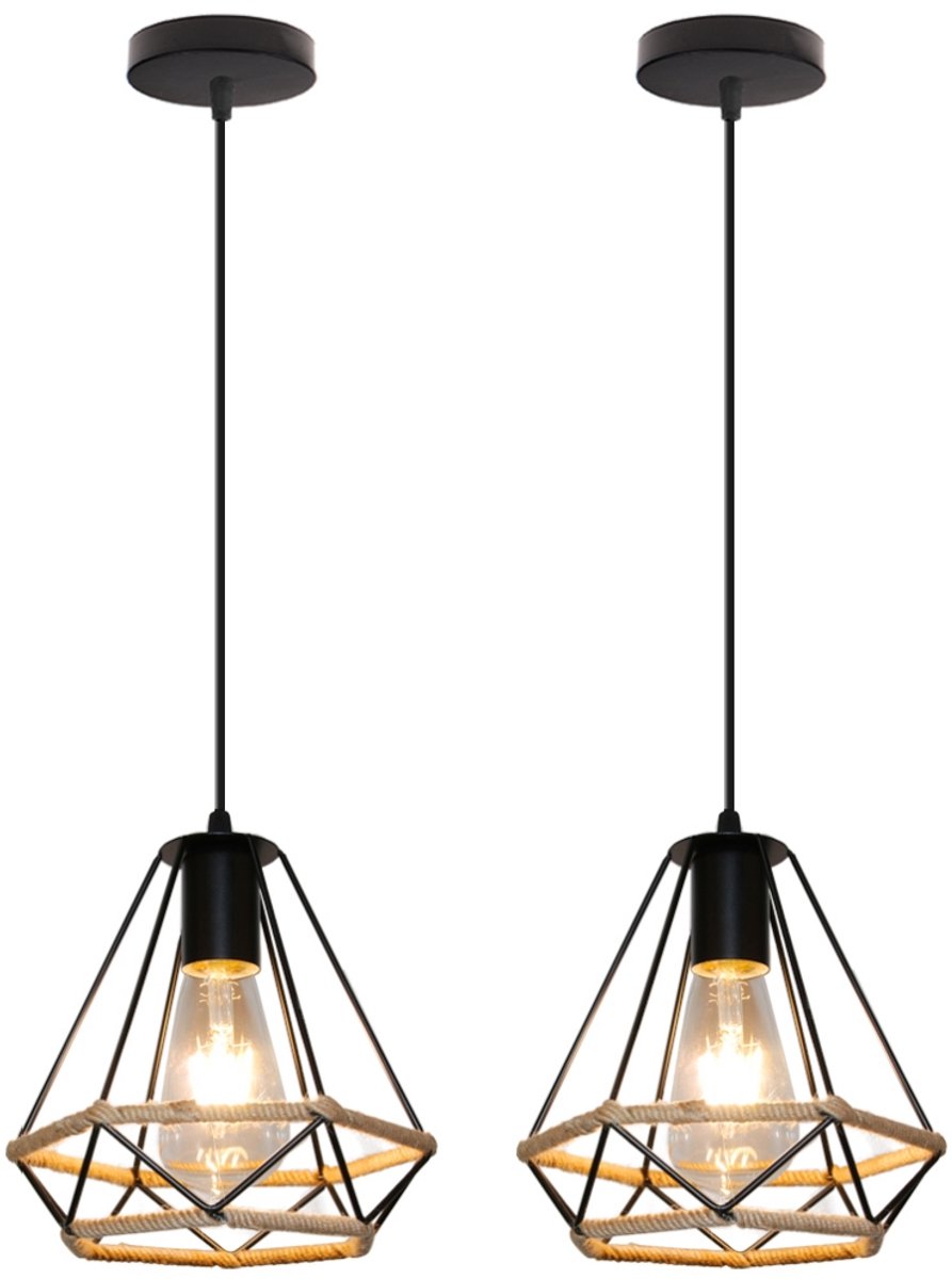 2 Stuks Hanglamp Industriële Slaapkamer 20cm Kroonluchter E27 Plafondlamp Woonkamer Zwart