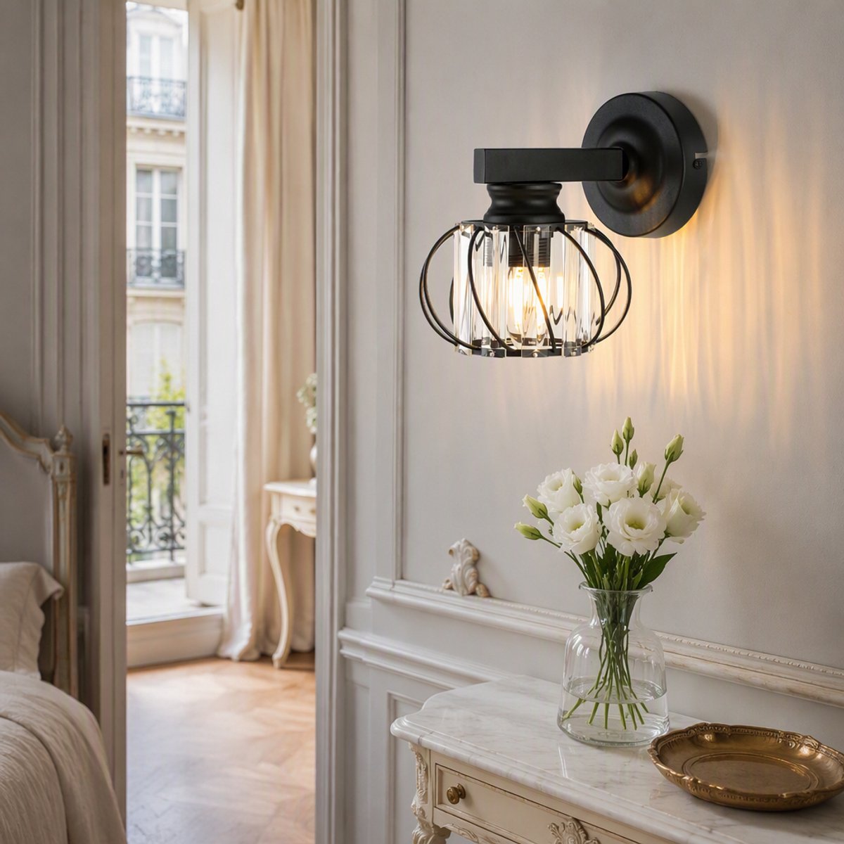 Lemlit Zwarte Wandlamp E27 - Moderne Kristallen Wandverlichting met Metalen Kooi Design, Luxe Wandlamp voor Woonkamer Slaapkamer Hal