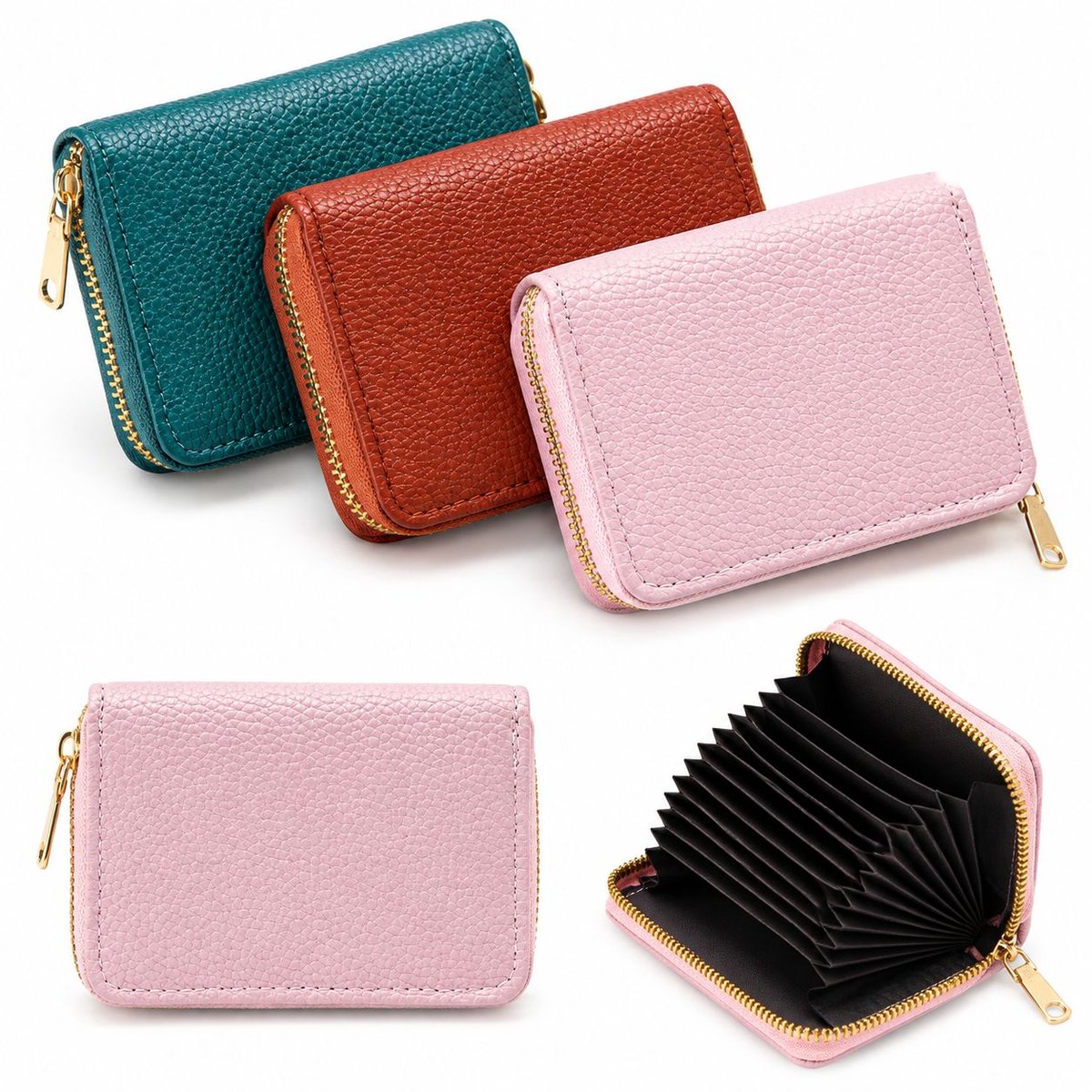VHV - Creditcardhouder set - 3 stuks - Roze, donkergroen, bruin - Dames portemonnee - Pasjeshouder - Leren creditcardhouder - Unisex -pasjes
