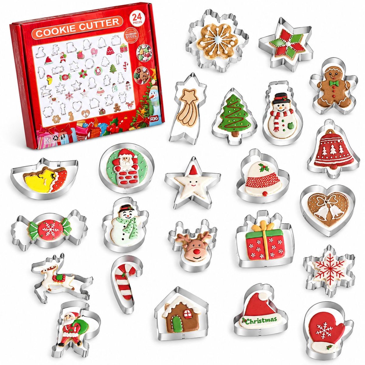 VHV - Kerstmunten en uitsteekvormen - 24 stuks - Roestvrij staal voor peperkoek - voor peperkoek en taartdecoratie