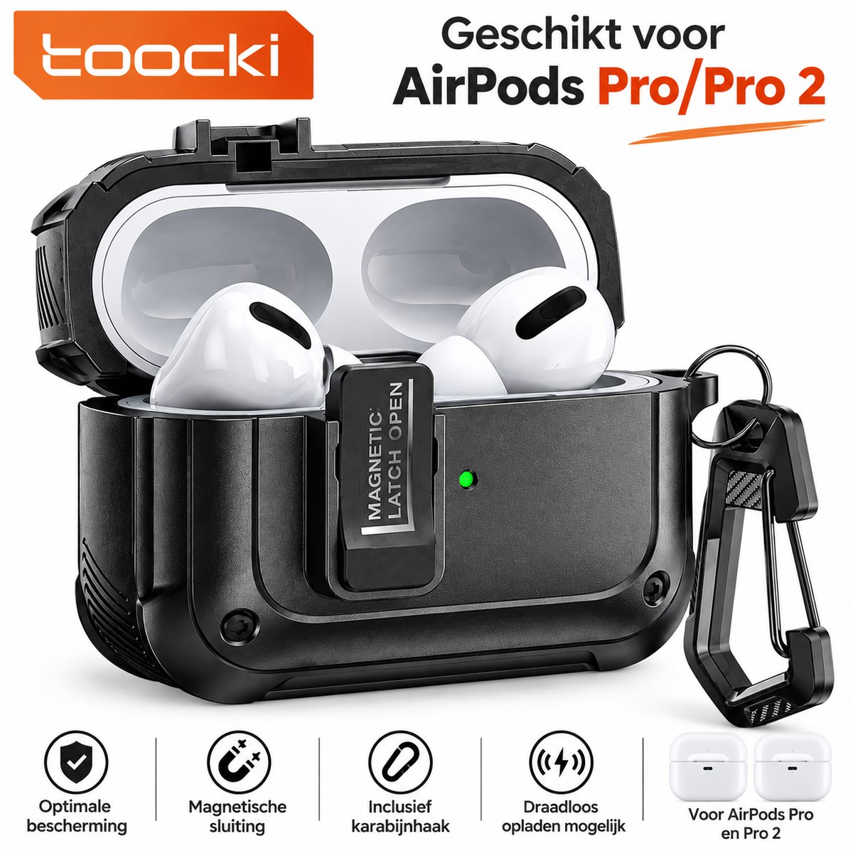 Toocki AirPods Pro Hoesje | AirPods Pro 2 Beschermhoes | Beschermcase | TPU & PC | Magnetische Sluiting | Mecha Armor Design | Rugged Case | Schokbestendig | AirPods Case | Karabijnhaak | Draadloos Opladen | Zwart