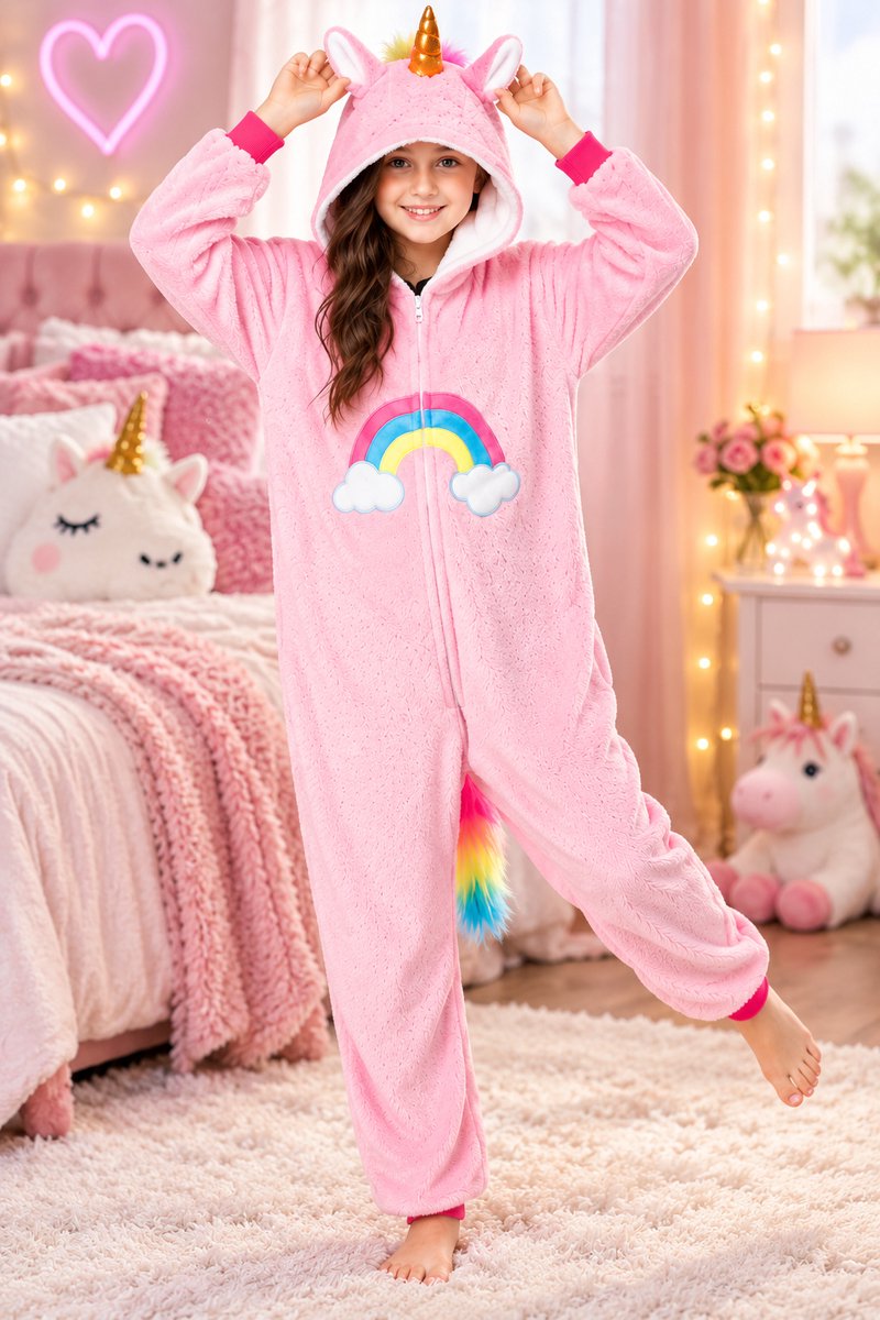 Unicorn Onesie Kinderen – Roze Eenhoorn Pyjama – Zacht Huispak met Regenboog – Verkleedpak - 140 cm