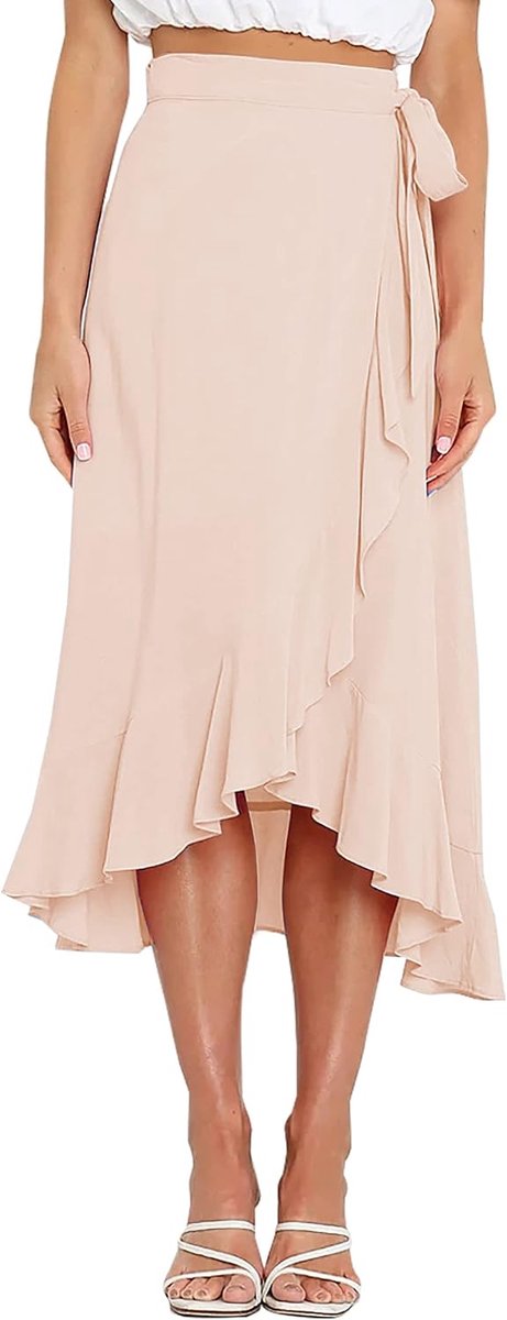 FEOYA Women High Waist Tie Wrap Midi Skirts Solid Ruched Hem Split Maxi Wrap Skirts Casual Summer Beach Long Skirts - ShopVlot