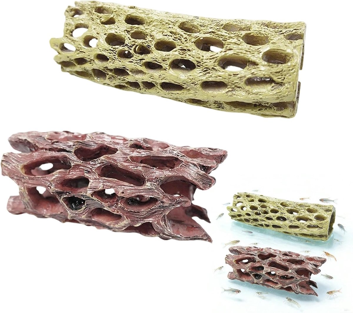 Aquariumdecoratie - Pack van 2 Houten Trunks - Rood en Geel - Perfect voor Garnalen en Krabben - ShopVlot